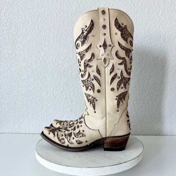 NEW Lane Womens Cowboy Boots 6 Tan Gold Western Cowgirl Mid Calf Pointed Toe - Picture 6 of 14
